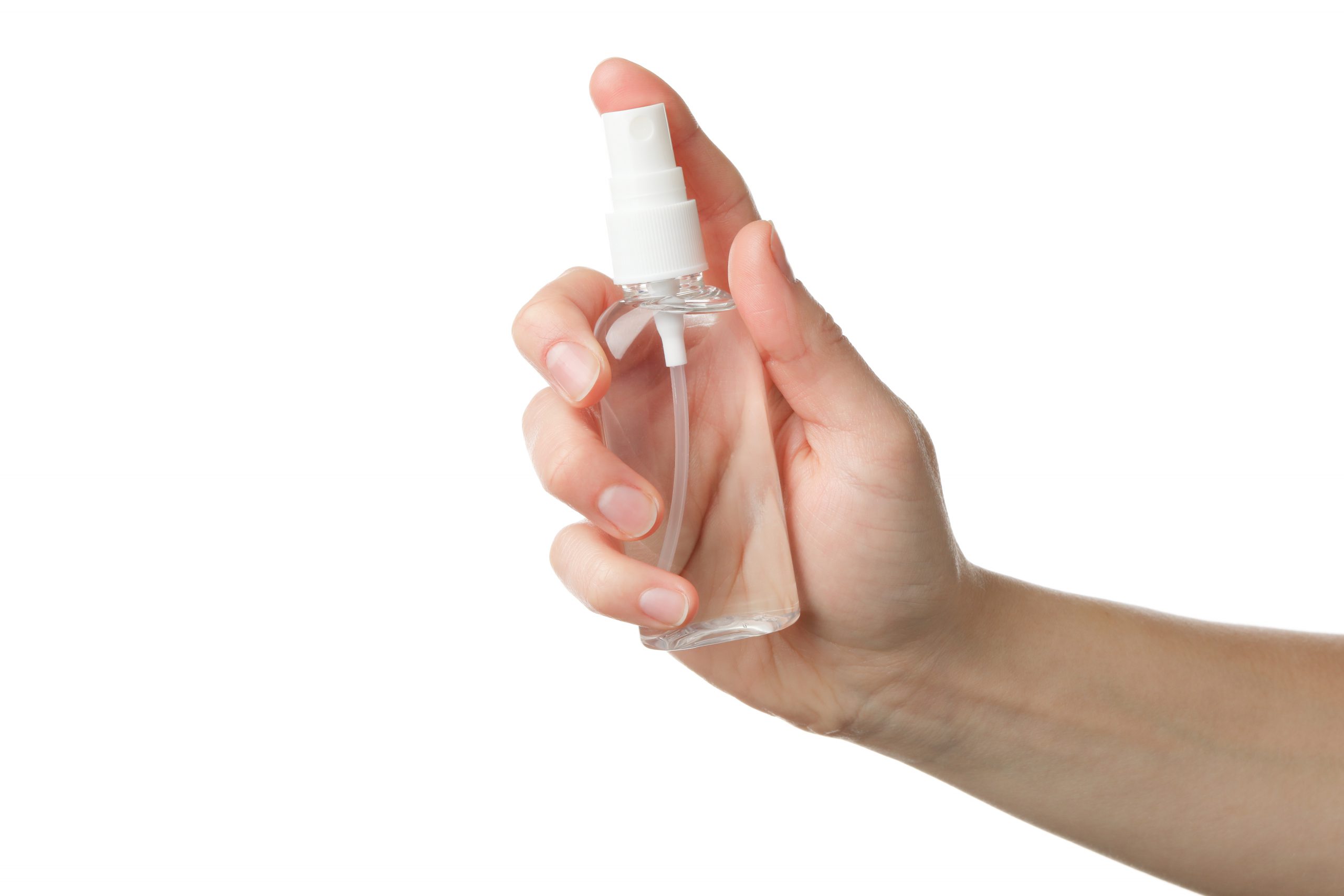 Hand holding antiseptic antibacterial disinfectant isolated on white background. Coronavirus protection